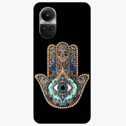 Mystic Hamsa Eye Glass Case showing flat back view with protective hamsa hand and evil eye artwork and glossy glass finish.