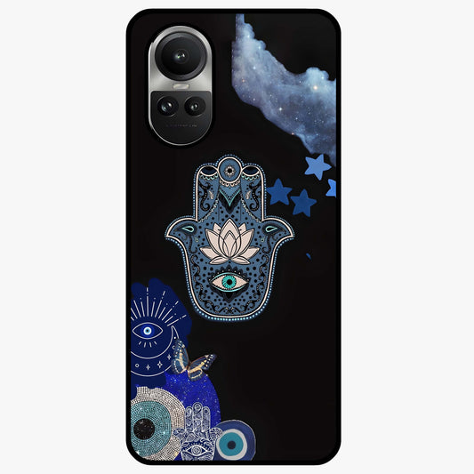 Mystic Hand Aura Glass Case showing flat back view with mystical hand symbol artwork and glossy glass finish.