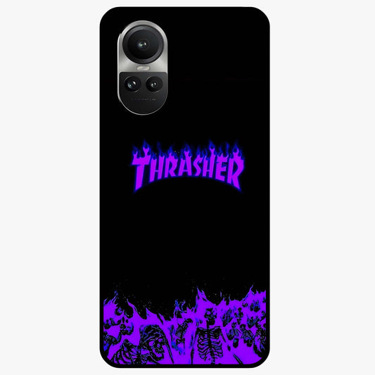 Neon Flame Riot Glass Case showing flat back view with neon flame artwork and glossy glass finish.