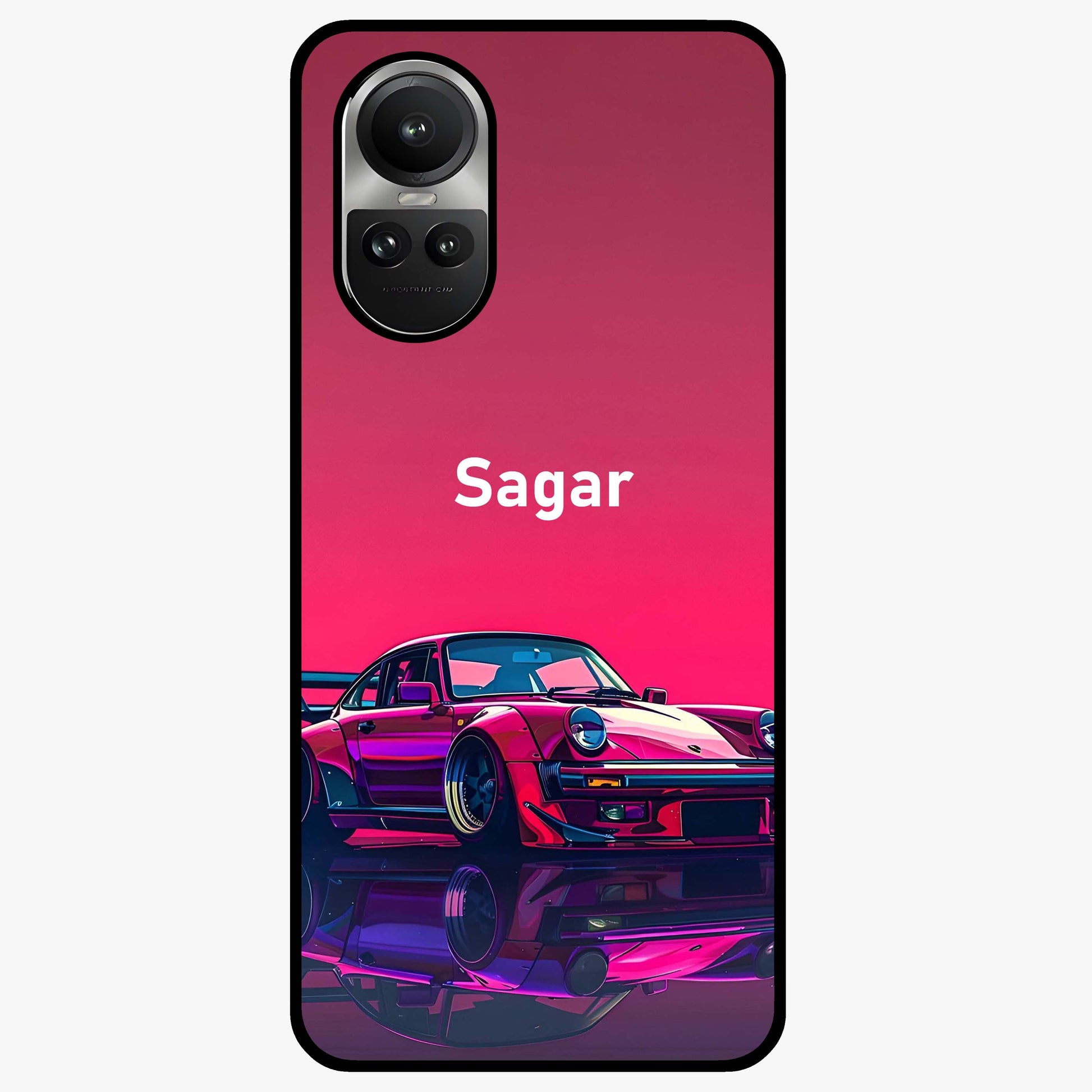 Neon Pink Porsche Glass Case showing flat back view with stylish sports car artwork and glossy glass finish.
