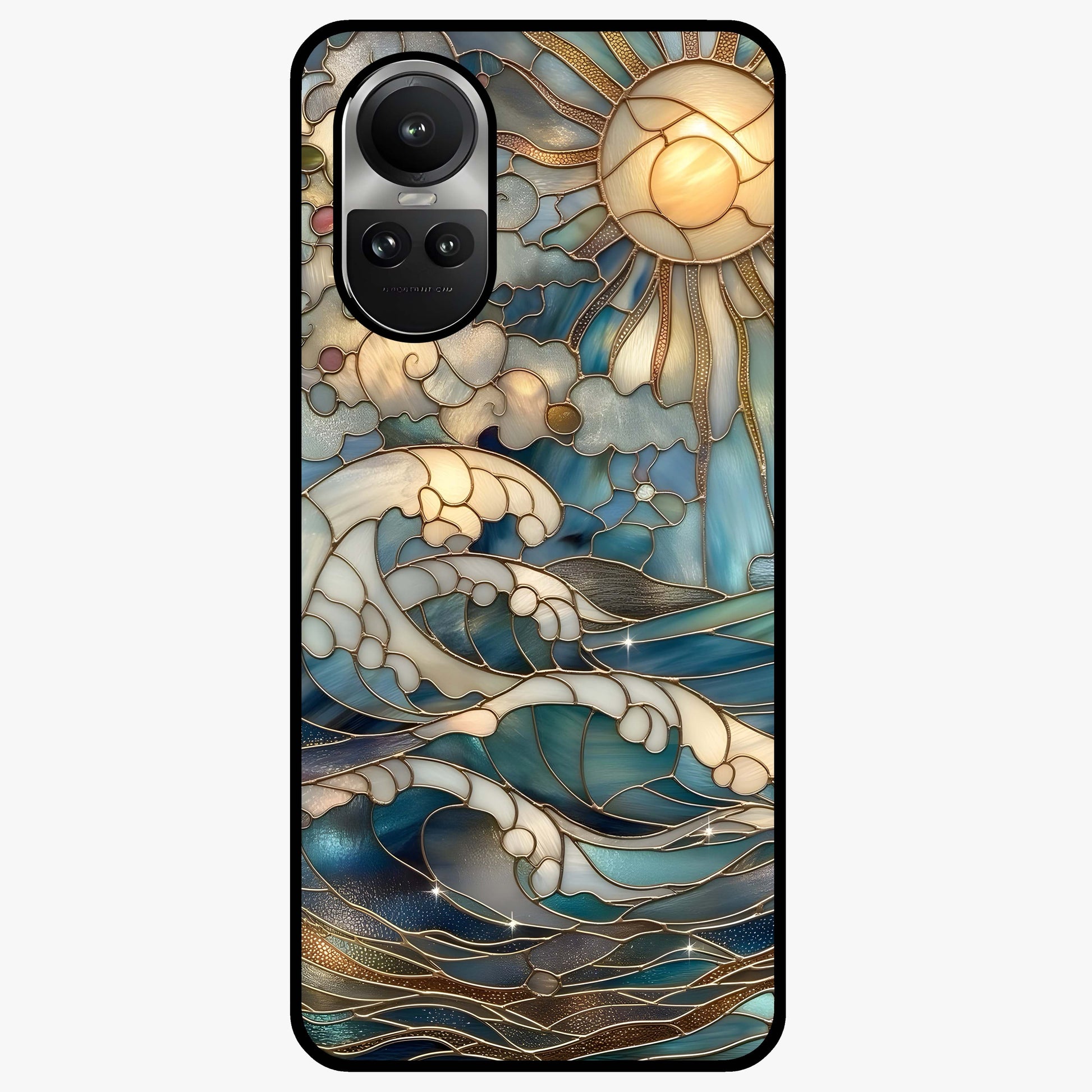 Oceanic Stained Printed Glass Case showing flat back view with ocean inspired stained pattern artwork and glossy glass finish.