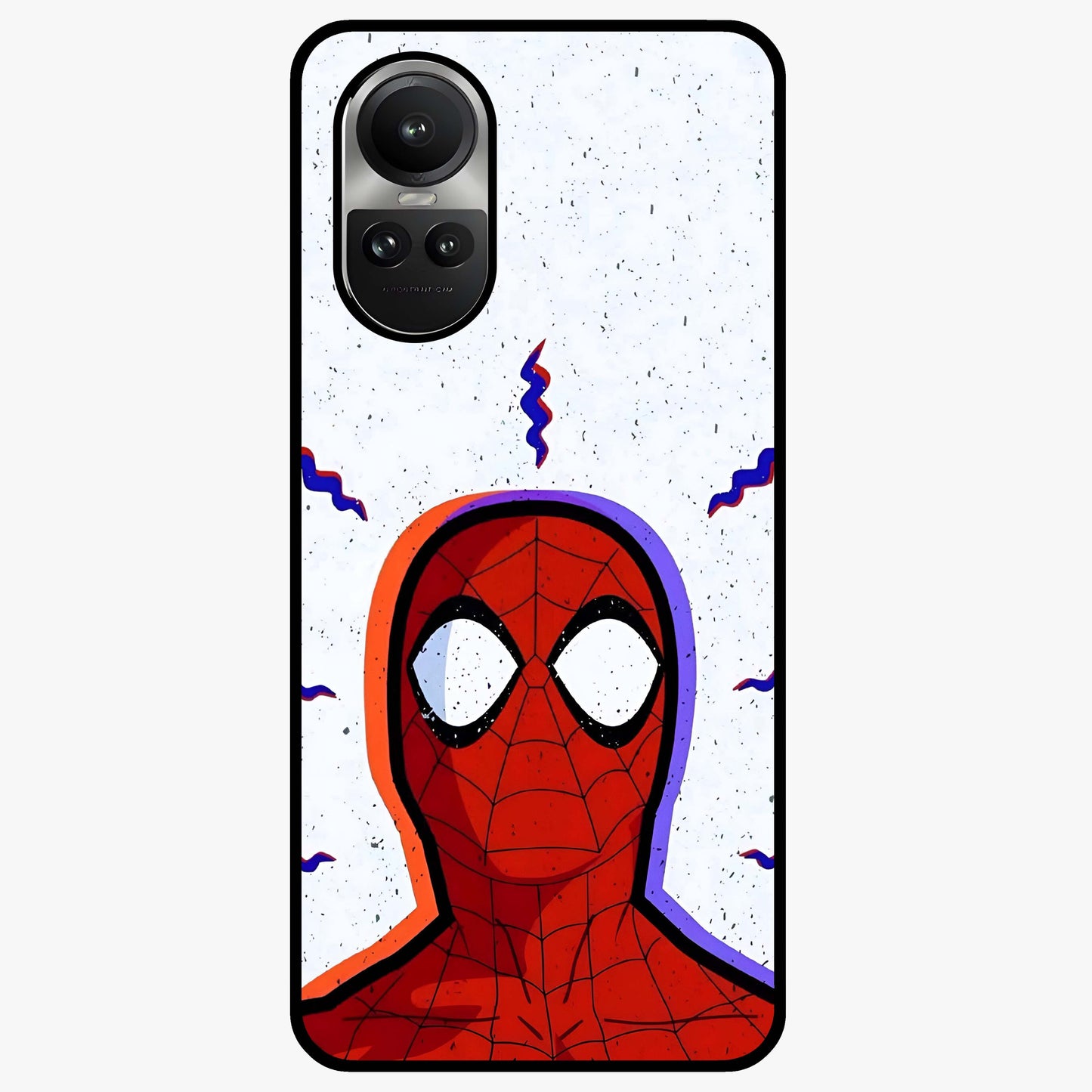 Omg Spiderman Glass Case showing flat back view with bold superhero inspired artwork and glossy glass finish.