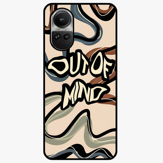 Out Of Mind Glass Case showing flat back view with expressive typography artwork and glossy glass finish.