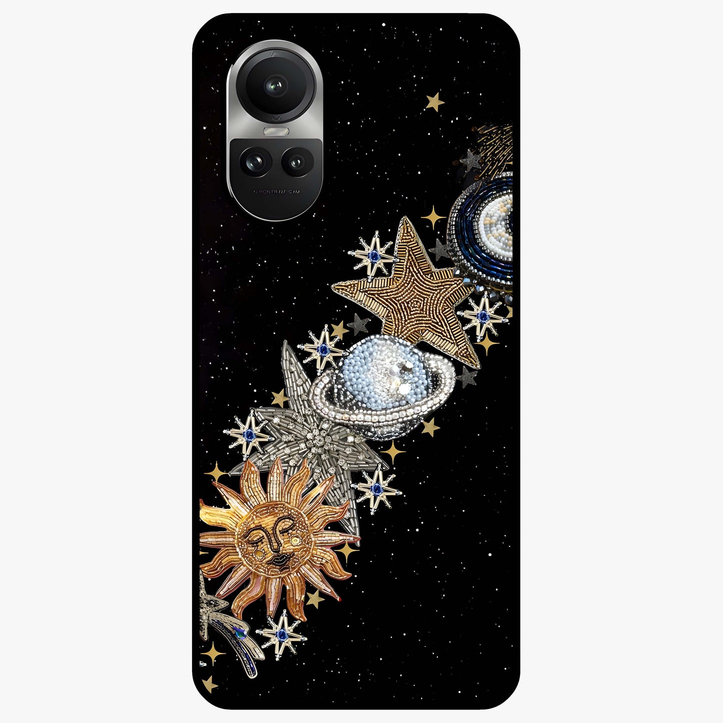 Pearls Universe Object Glass Case showing flat back view with pearl inspired cosmic artwork and glossy glass finish.