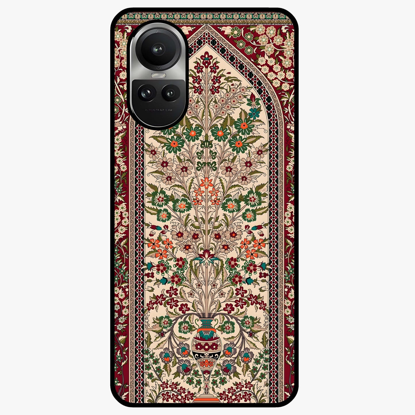 Persian Inspired Glass Case showing flat back view with ornate Persian style pattern artwork and glossy glass finish.