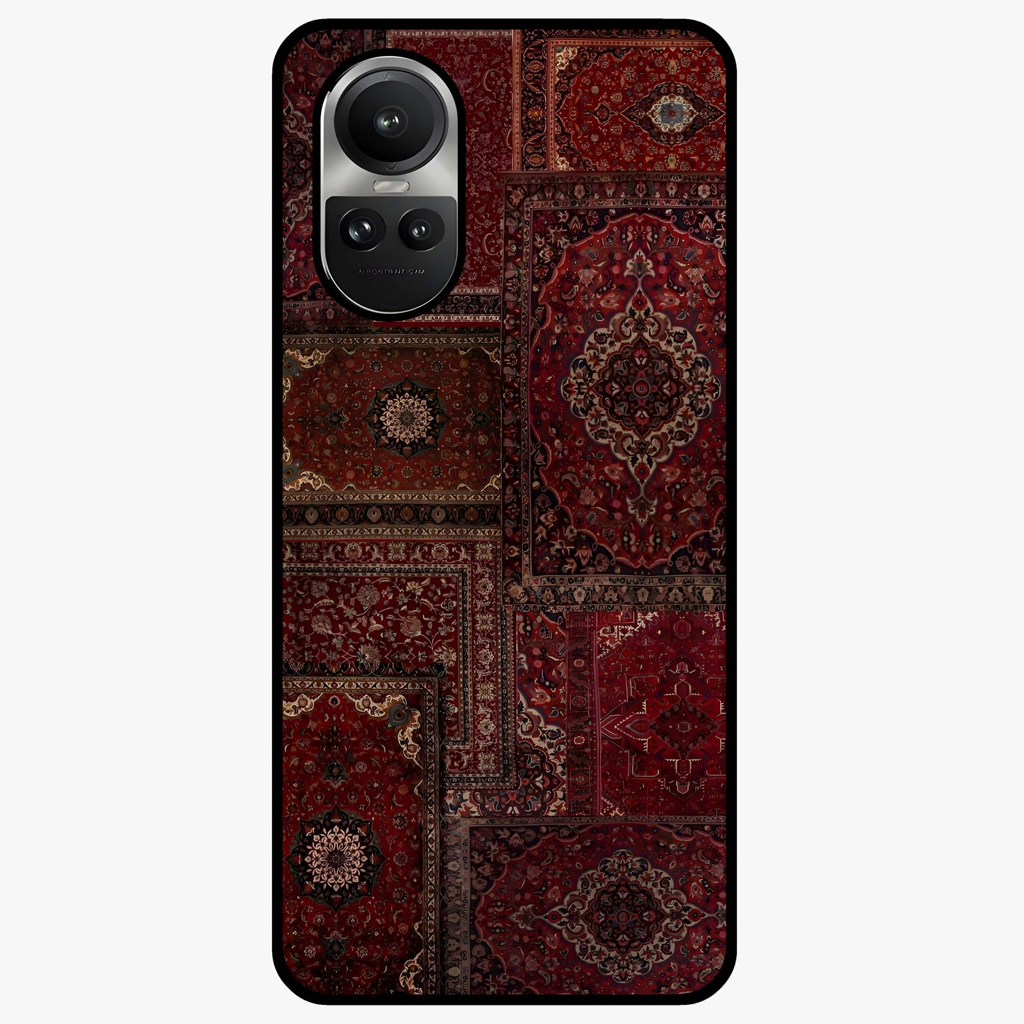 Persian Velvet Tale Glass Case showing flat back view with luxurious Persian velvet pattern artwork and glossy glass finish.