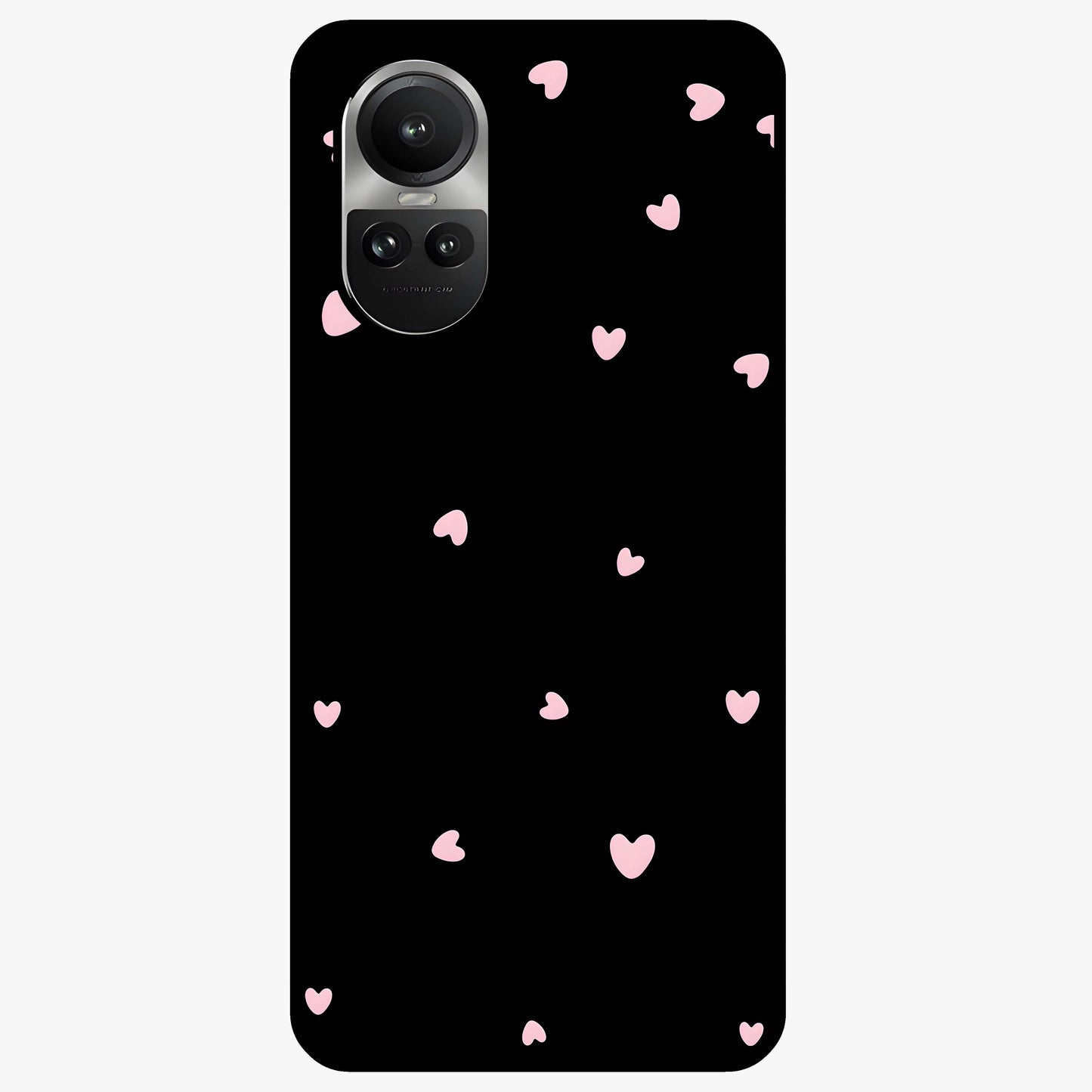 Pink Love Drops Glass Case showing flat back view with playful pink heart drops artwork and glossy glass finish.