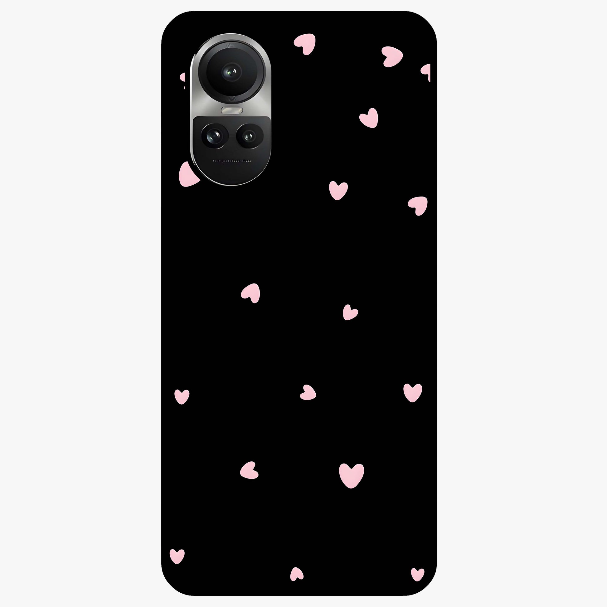 Pink Love Drops Glass Case showing flat back view with playful pink heart drops artwork and glossy glass finish.