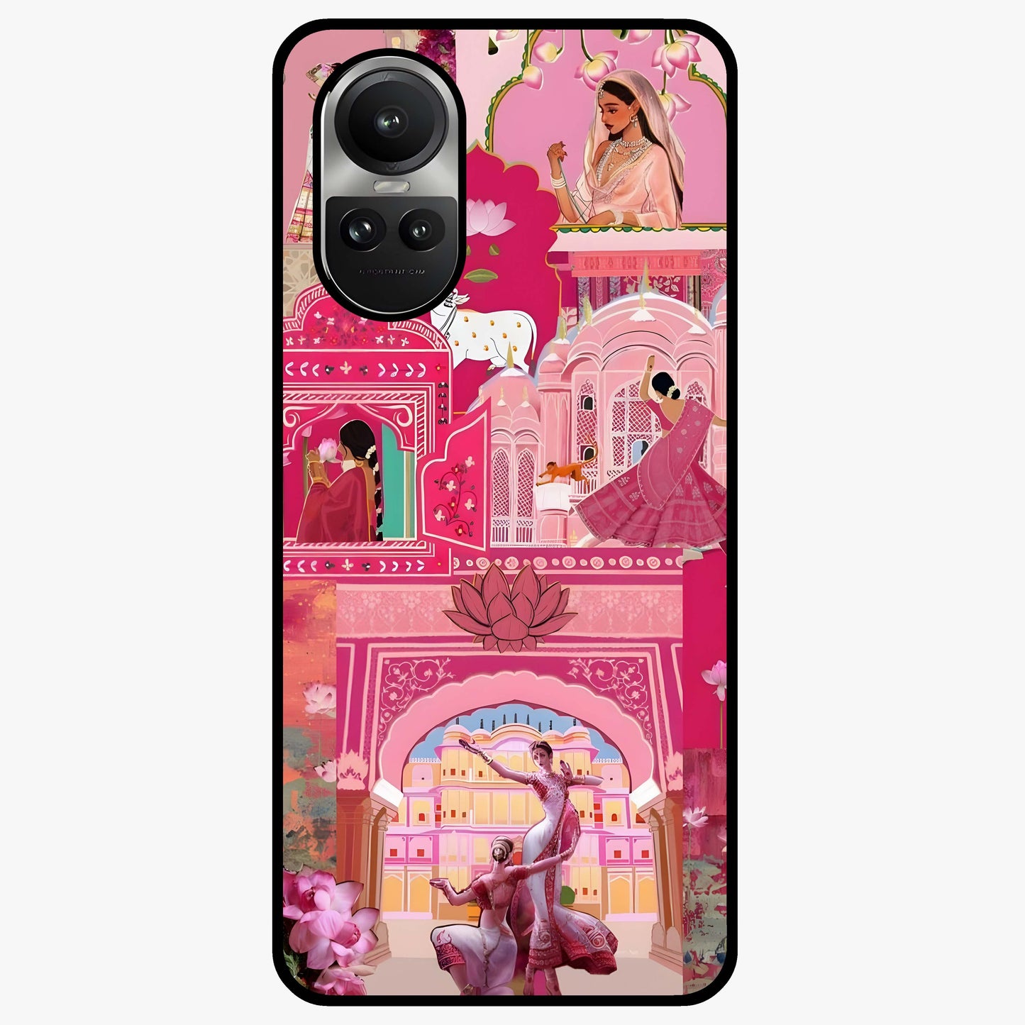 Pink Palace Muse Glass Case showing flat back view with elegant palace inspired artwork and glossy glass finish.