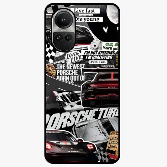 Porsche Racing Collage Glass Case showing flat back view with sports car racing collage artwork and glossy glass finish.