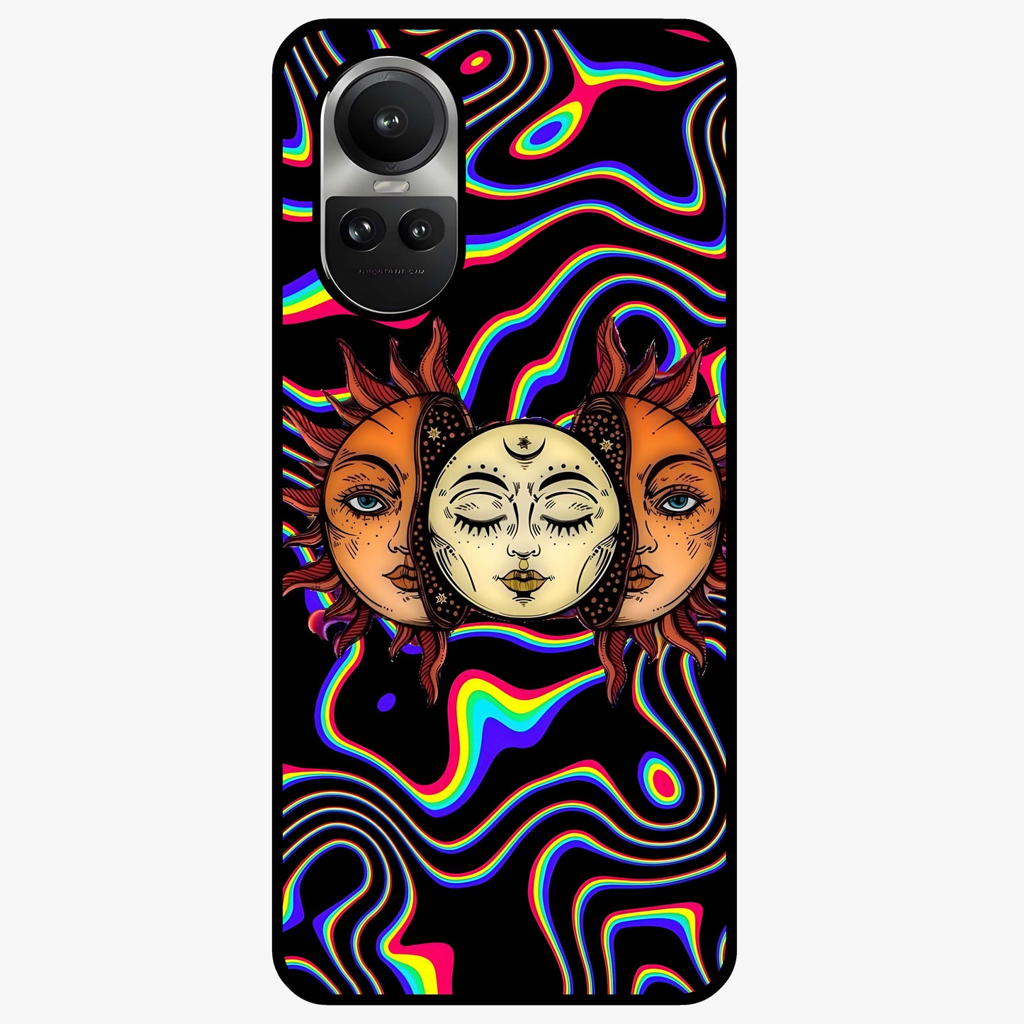 Psychedelic Sun Glass Case showing flat back view with colorful psychedelic sun artwork and glossy glass finish.