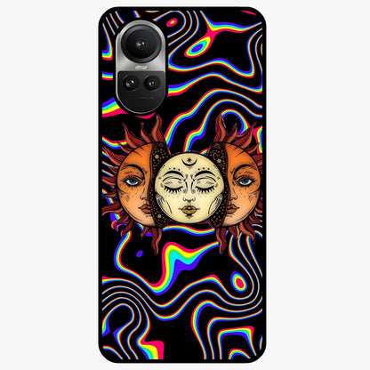 Psychedelic Sun Glass Case showing flat back view with colorful psychedelic sun artwork and glossy glass finish.