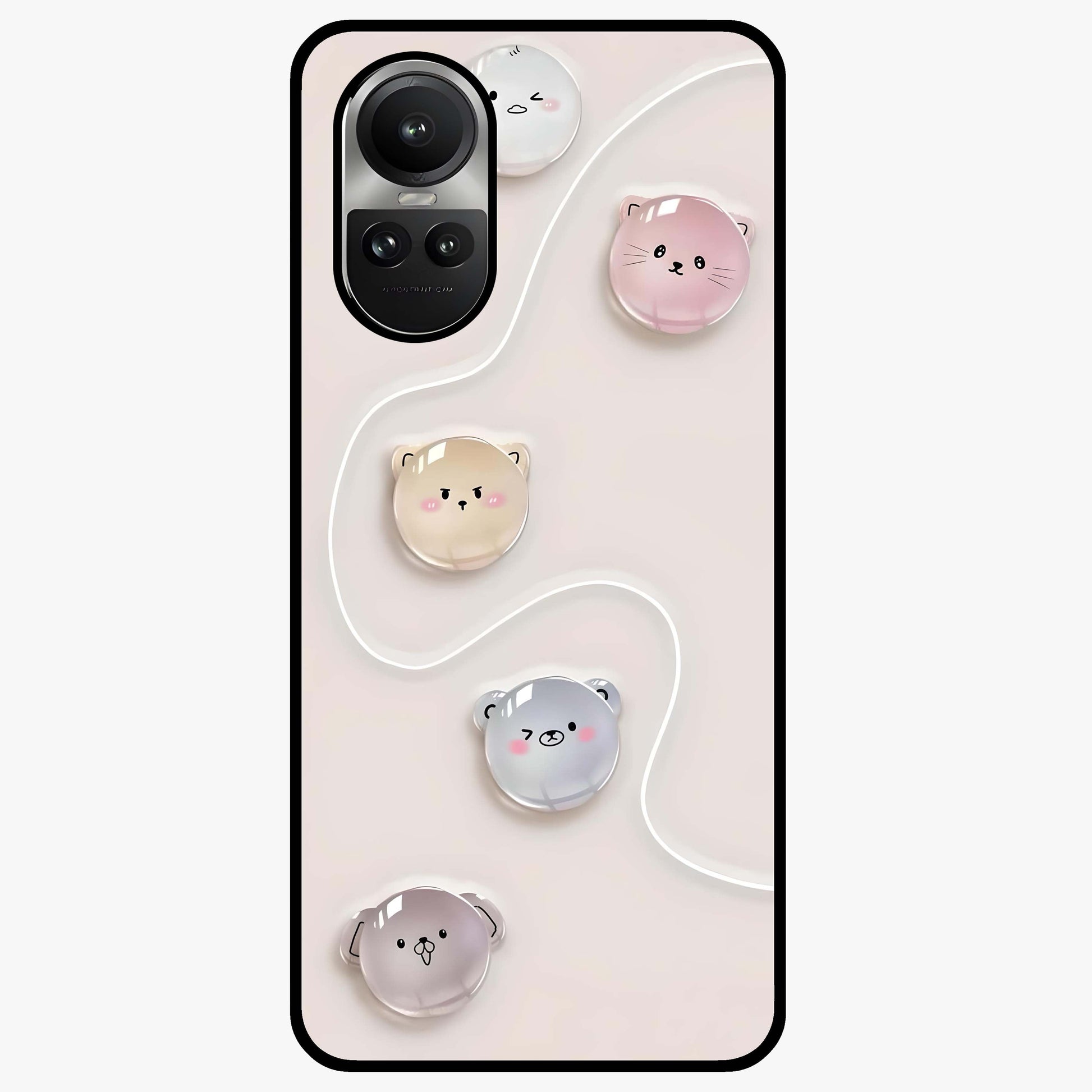Puffy Face Parade Glass Case showing flat back view with cute puffy character faces artwork and glossy glass finish.