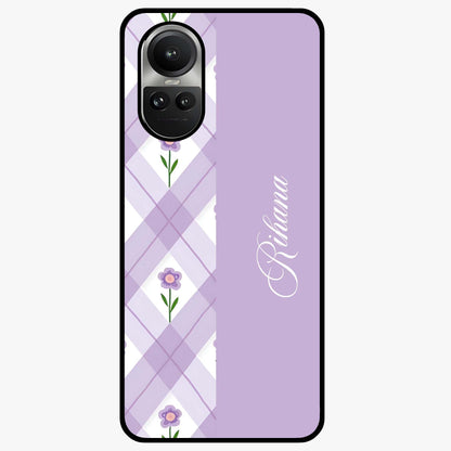 Purple Diamond Floral Glass Case showing flat back view with diamond shaped floral artwork and glossy glass finish.