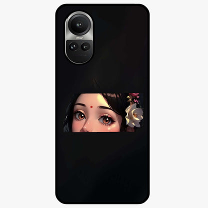 Radha Divine Embrace Glass Case showing flat back view with devotional Radha artwork and glossy glass finish.