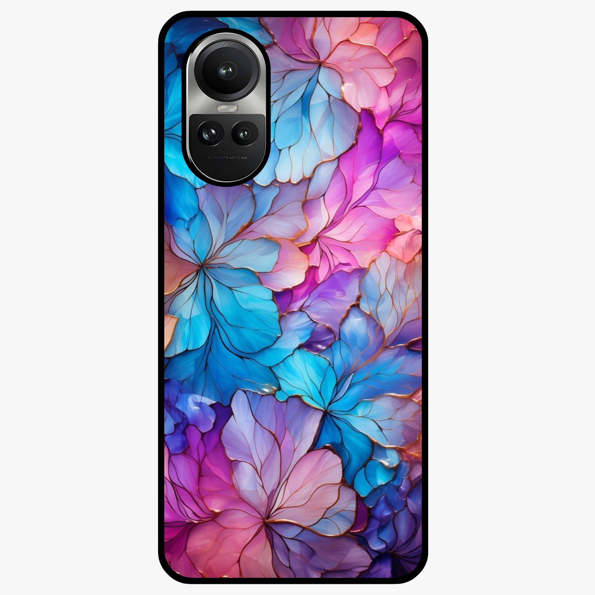 Radiant Floral Whirl Glass Case showing flat back view with swirling floral artwork and glossy glass finish.