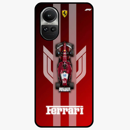 Red Ferrari F1 Vertical Glass Case showing flat back view with sleek Formula racing car artwork and glossy glass finish.