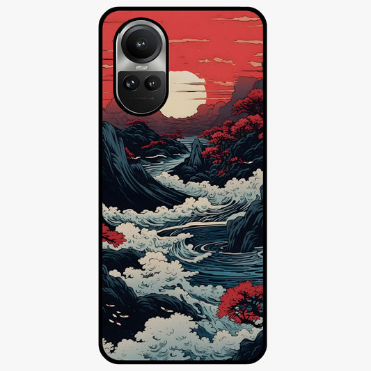 Red Sunset Scenery Glass Case showing flat back view with vibrant sunset landscape artwork and glossy glass finish.