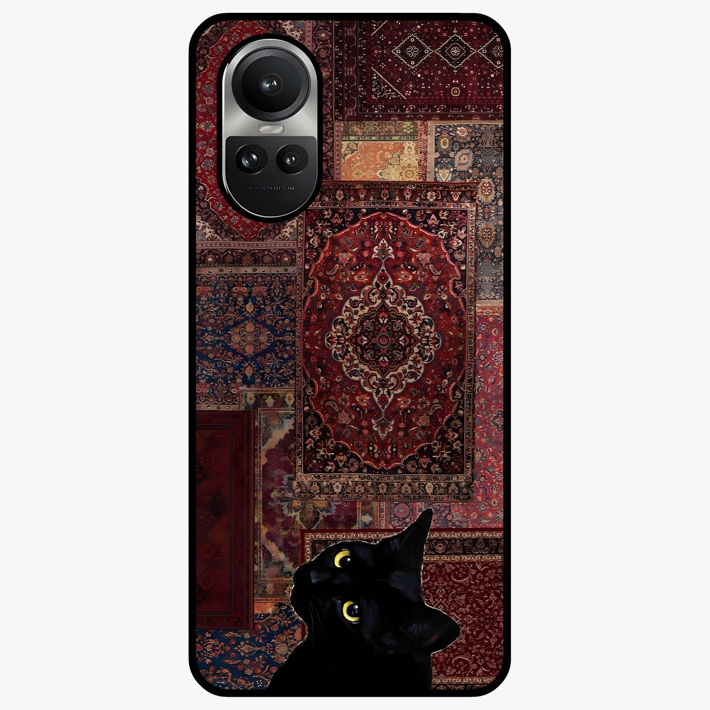Regal Magic Cat Apple Glass Case showing flat back view with magical cat artwork holding apple and glossy glass finish.