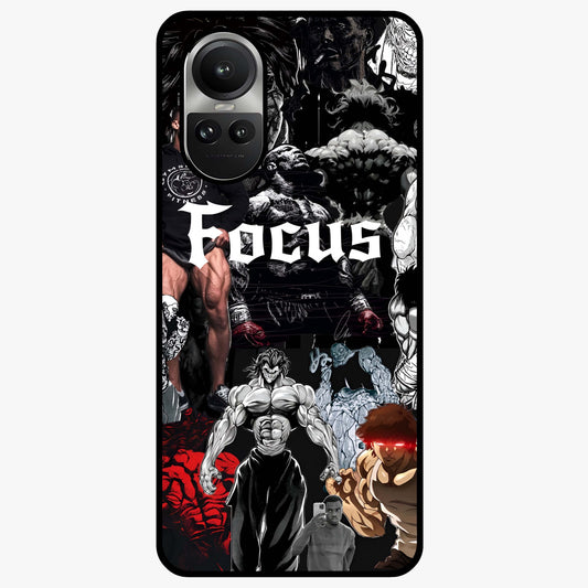 Relentless Power Focus Glass Case showing flat back view with motivational typography artwork and glossy glass finish.