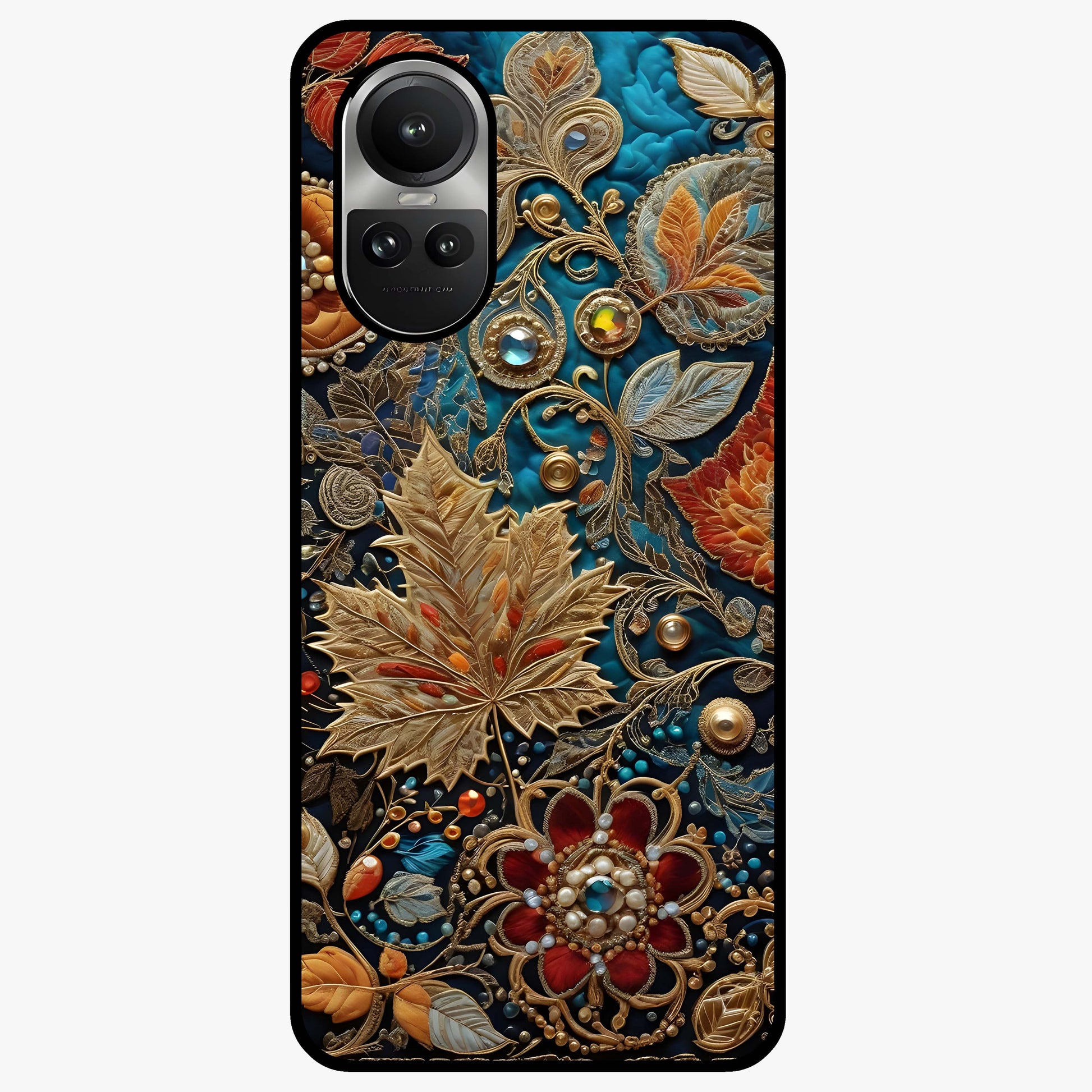 Royal Jewel Garden Glass Case showing flat back view with decorative floral garden artwork and glossy glass finish.