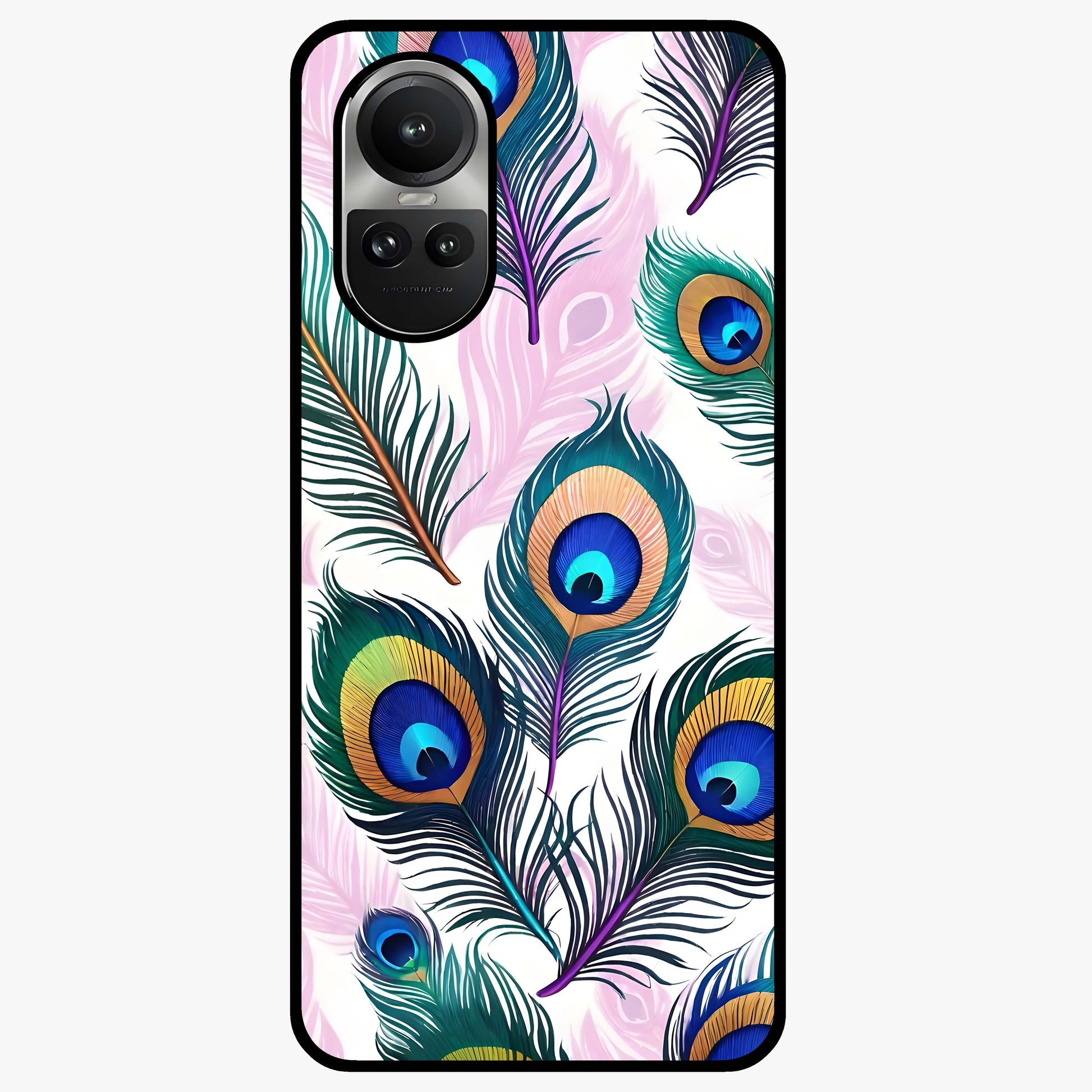 Royal Peacock Feathers Glass Case showing flat back view with colorful peacock feather artwork and glossy glass finish.