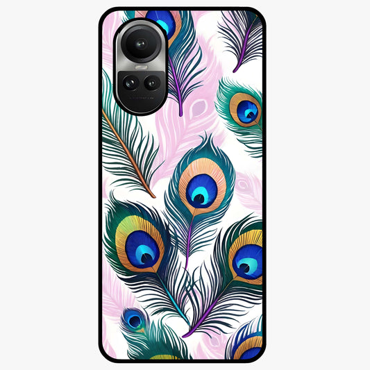 Royal Peacock Feathers Glass Case showing flat back view with colorful peacock feather artwork and glossy glass finish.