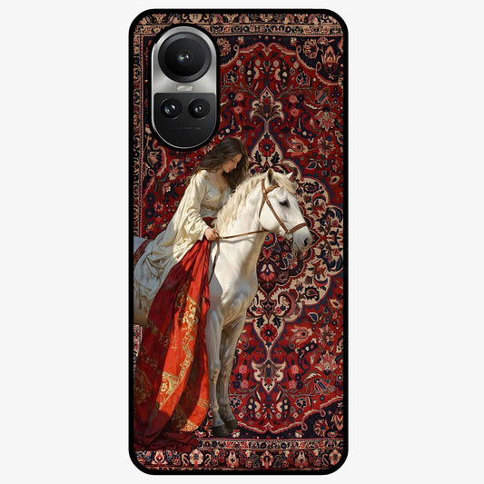 Royal Rider Tapestry Glass Case showing flat back view with majestic horse rider tapestry artwork and glossy glass finish.