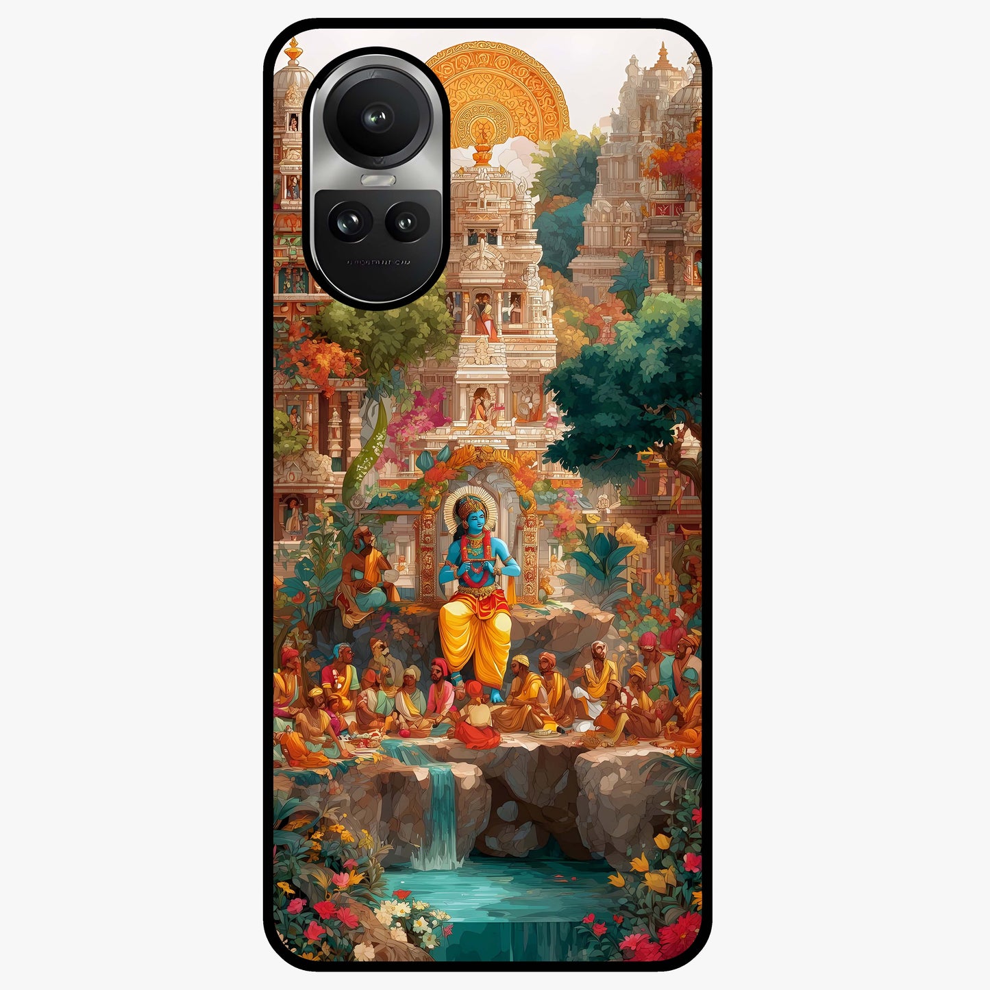 Sacred Sunlight Gods Glass Case showing flat back view with divine sunlight themed artwork and glossy glass finish.
