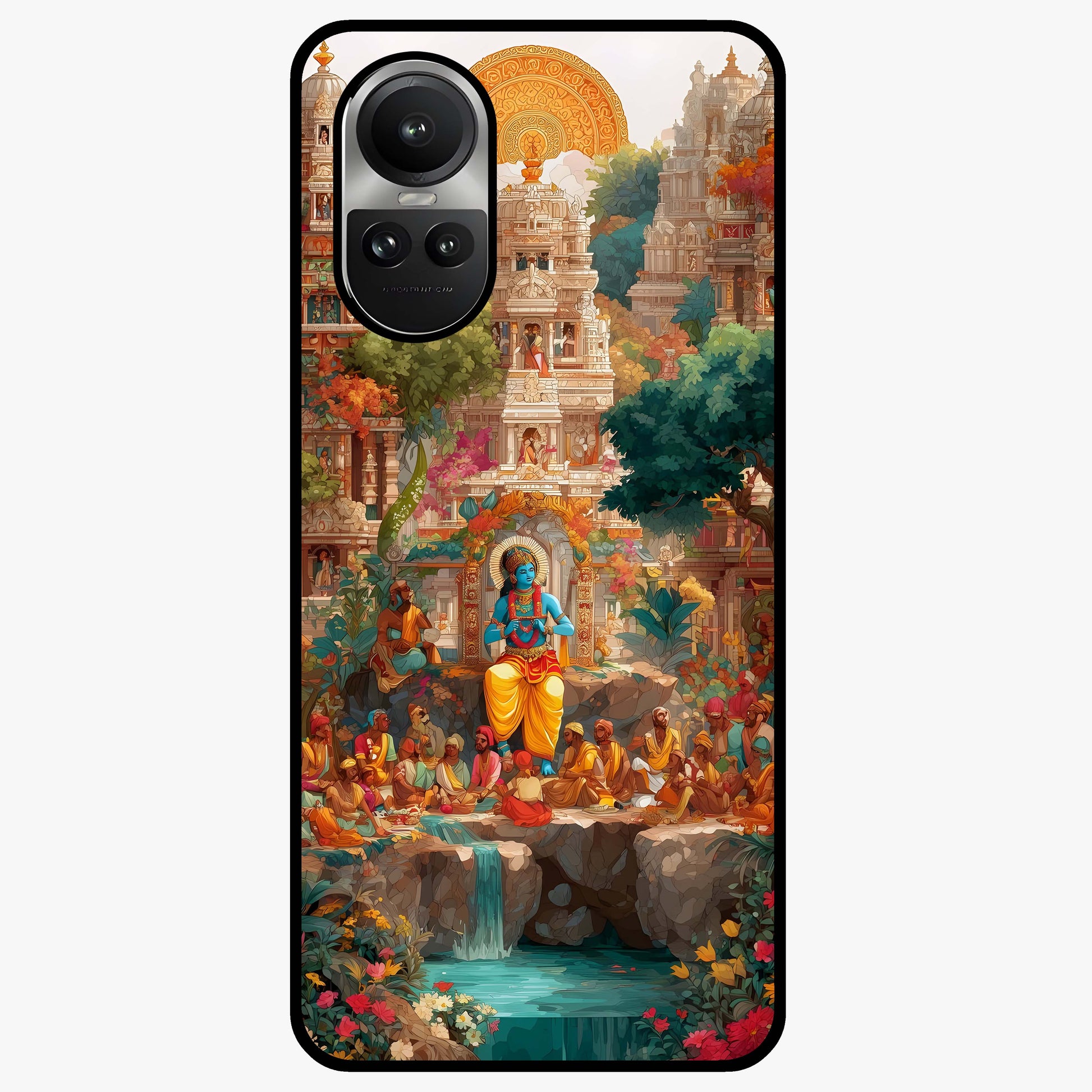 Sacred Sunlight Gods Glass Case showing flat back view with divine sunlight themed artwork and glossy glass finish.