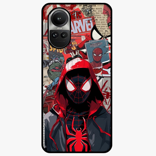 Spider Collage Street Glass Case showing flat back view with vibrant superhero collage artwork and glossy glass finish.