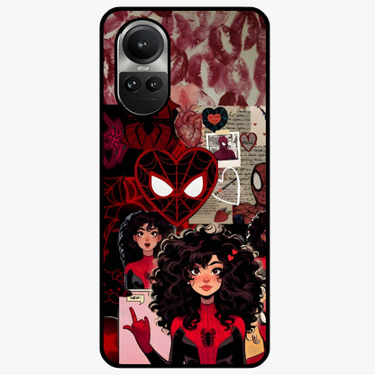 Spider Love Story Glass Case showing flat back view with romantic superhero themed artwork and glossy glass finish.