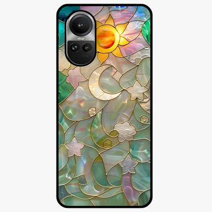 Stained Sunrise Glow Glass Case showing flat back view with glowing sunrise stained pattern artwork and glossy glass finish.