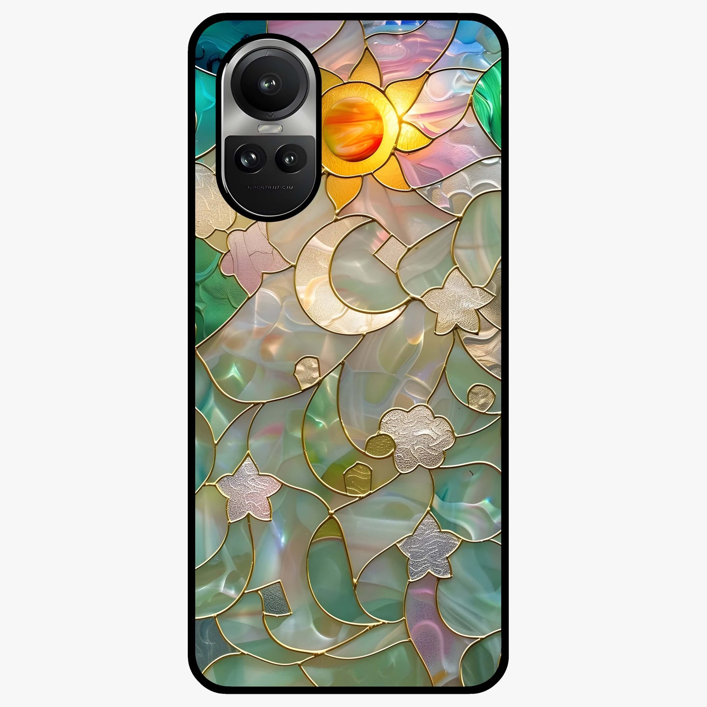 Stained Sunrise Glow Glass Case showing flat back view with glowing sunrise stained pattern artwork and glossy glass finish.