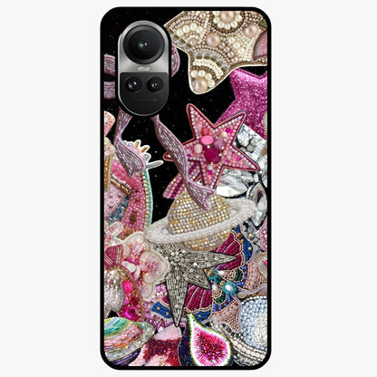 Starlit Jewel Dream Glass Case showing flat back view with sparkling jewel and star themed artwork and glossy glass finish.