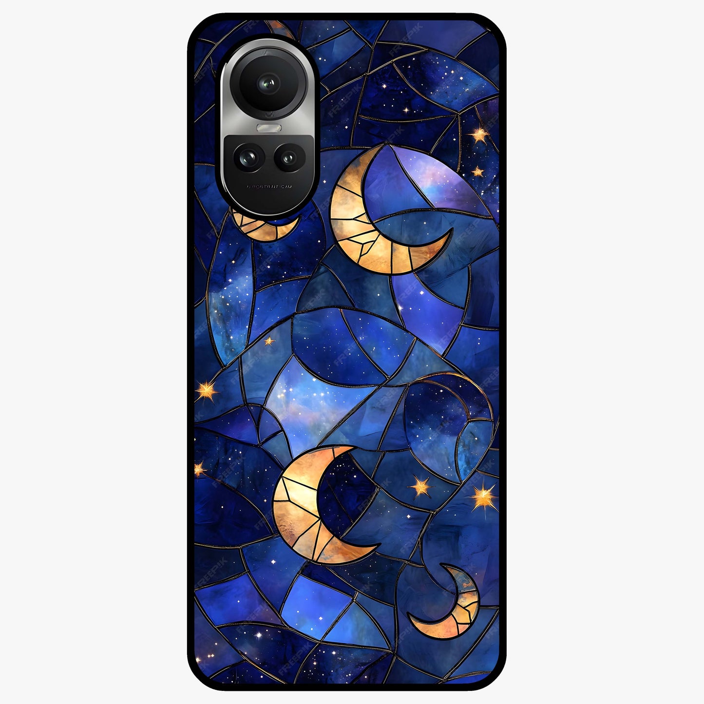 Starlit Sky Tapestry Glass Case showing flat back view with decorative starry sky tapestry artwork and glossy glass finish.