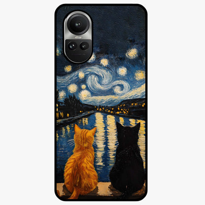Starry River Cats Glass Case showing flat back view with cats by a starry river artwork and glossy glass finish.