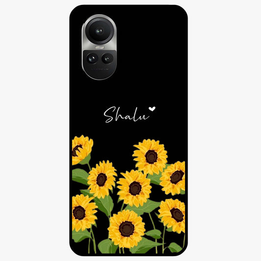 Sunflower Chic Mood Custom Name Glass Case showing flat back view with stylish sunflower artwork and personalized name design.