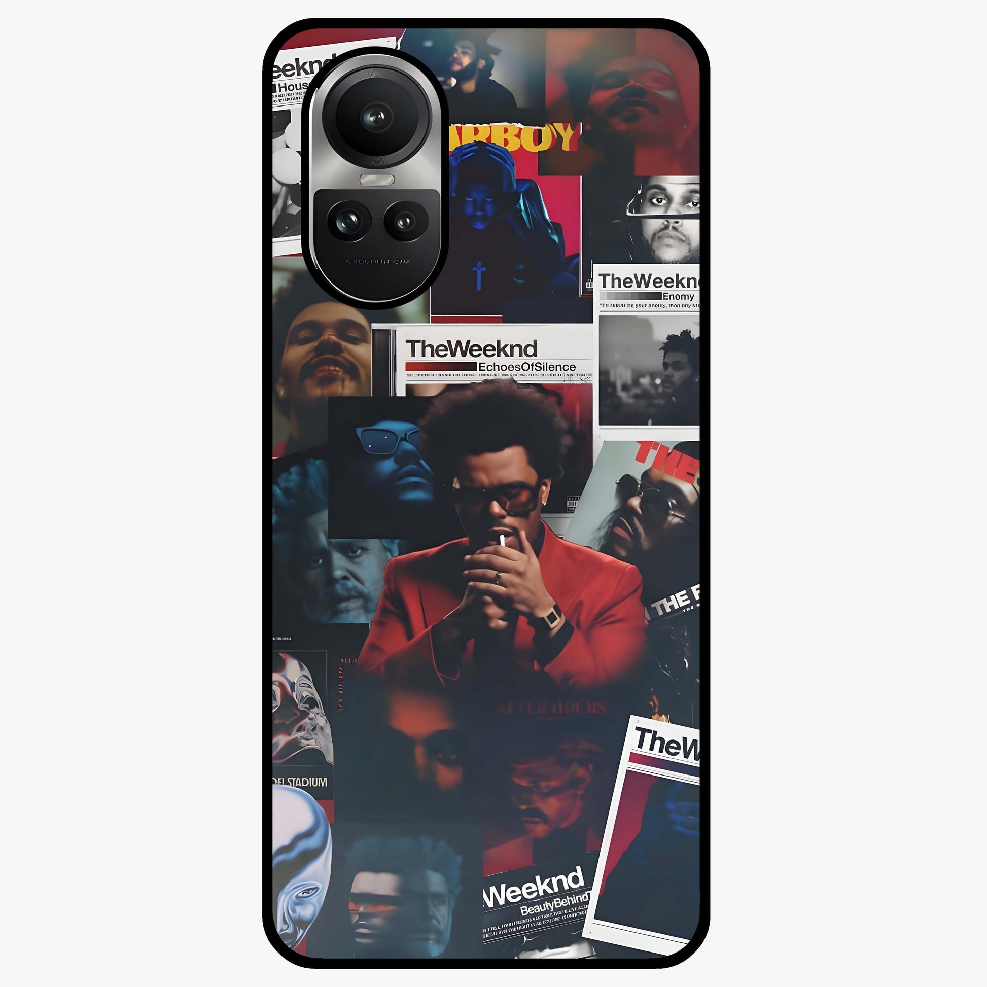 The Weeknd Glass Case showing flat back view with music inspired artistic portrait artwork and glossy glass finish.