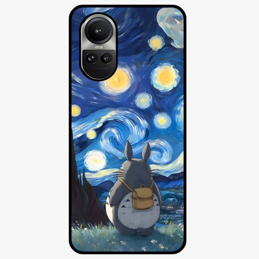 Totoro In Van Gogh Art Glass Case showing flat back view with whimsical character artwork inspired by Van Gogh style and glossy glass finish.