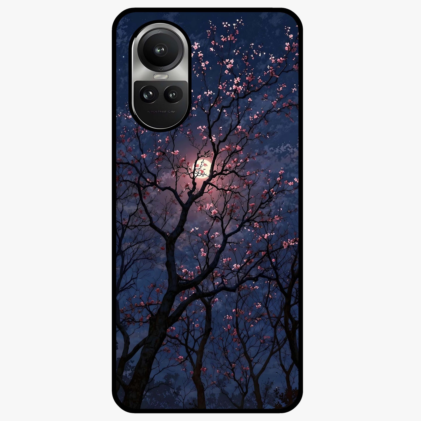 Twilight Sakura Serenade Glass Case showing flat back view with cherry blossom artwork at twilight and glossy glass finish.