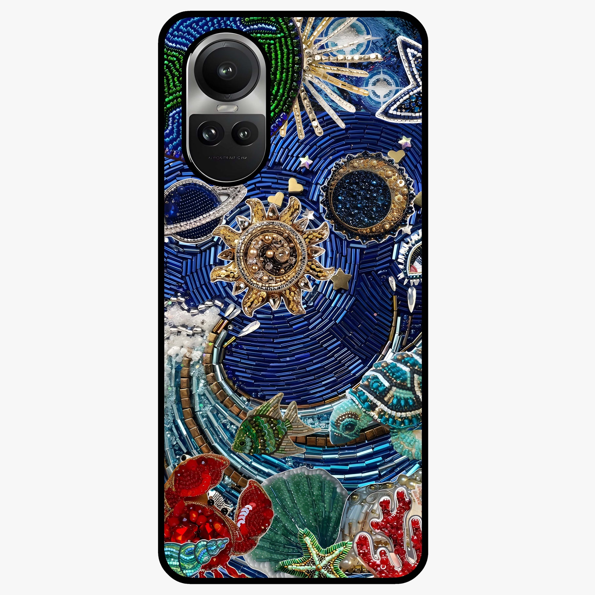 Universe Underwater Spark Glass Case showing flat back view with cosmic underwater themed artwork and glossy glass finish.