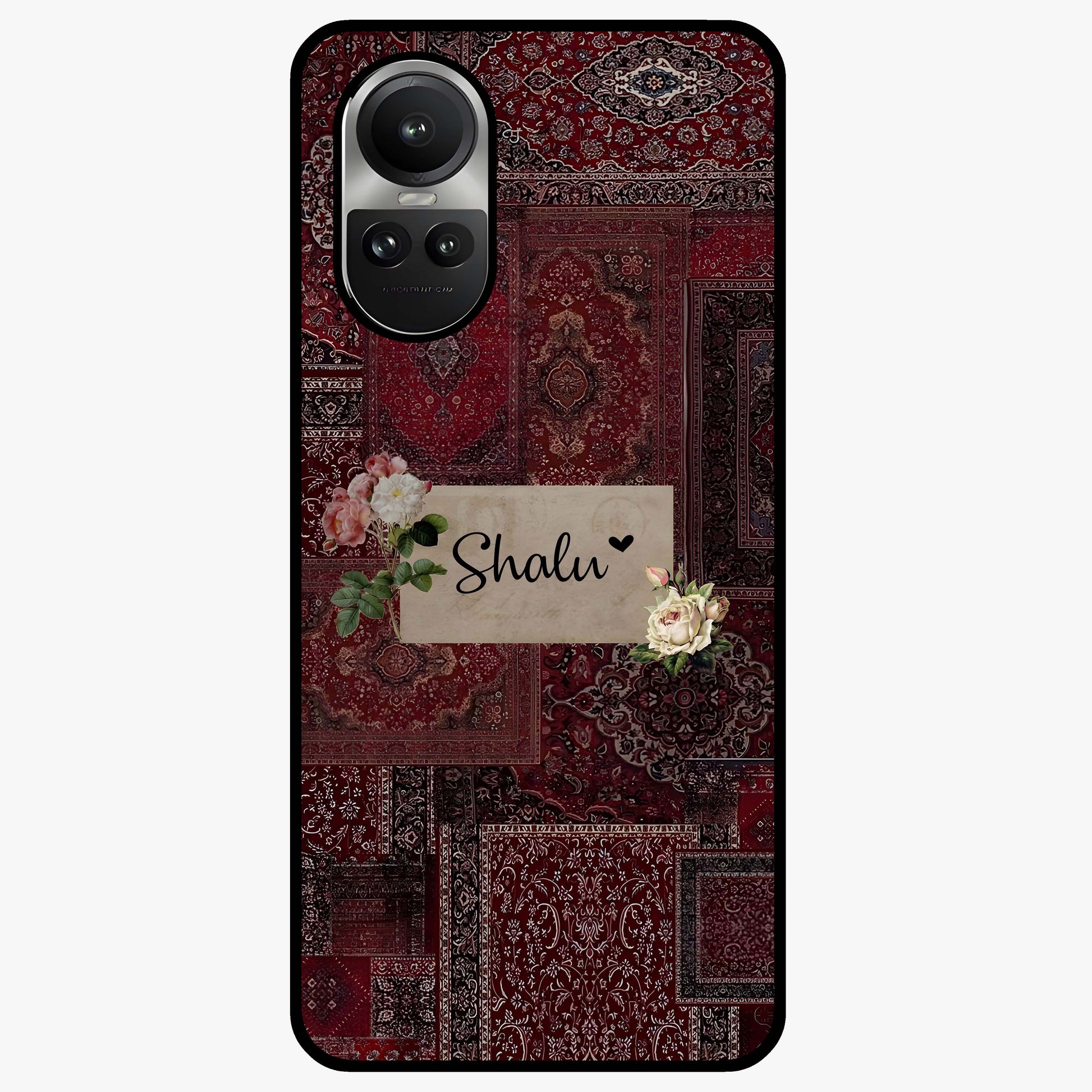 Velvet Wine Pattern Custom Name Glass Case showing flat back view with elegant wine colored pattern artwork and personalized name design.