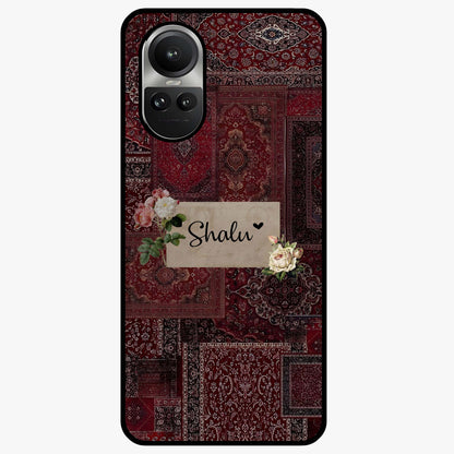 Velvet Wine Pattern Custom Name Glass Case showing flat back view with elegant wine colored pattern artwork and personalized name design.