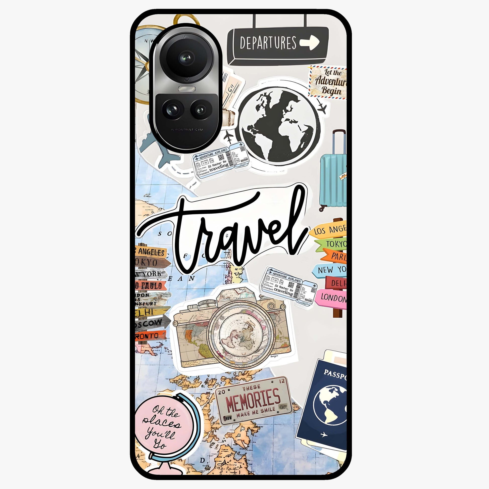 Wanderlust Journal Glass Case showing flat back view with travel inspired artwork and glossy glass finish.