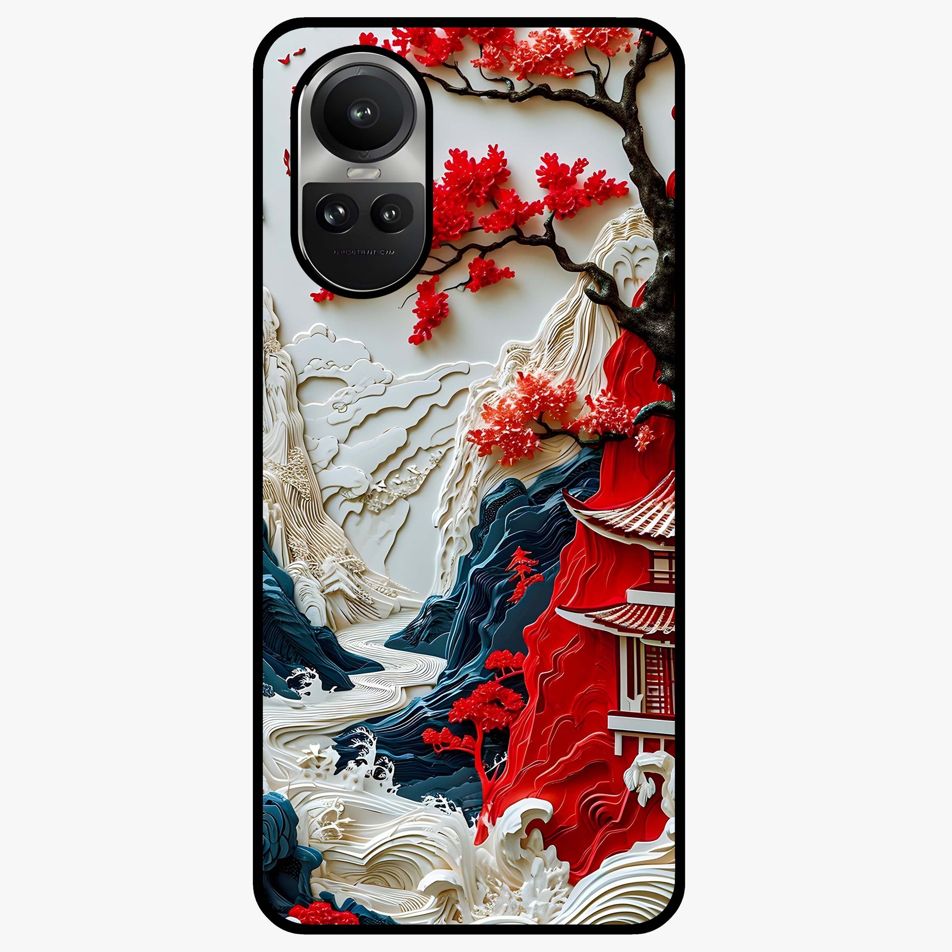Whispers Of Sakura Waves Glass Case showing flat back view with cherry blossom wave artwork and glossy glass finish.