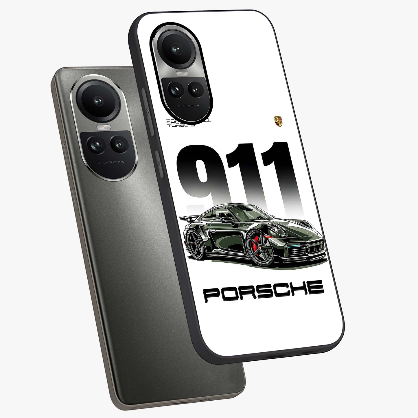 911 Turbo Dominance Glass Case displayed in premium angled mockup highlighting sporty car illustration and sleek glass surface.