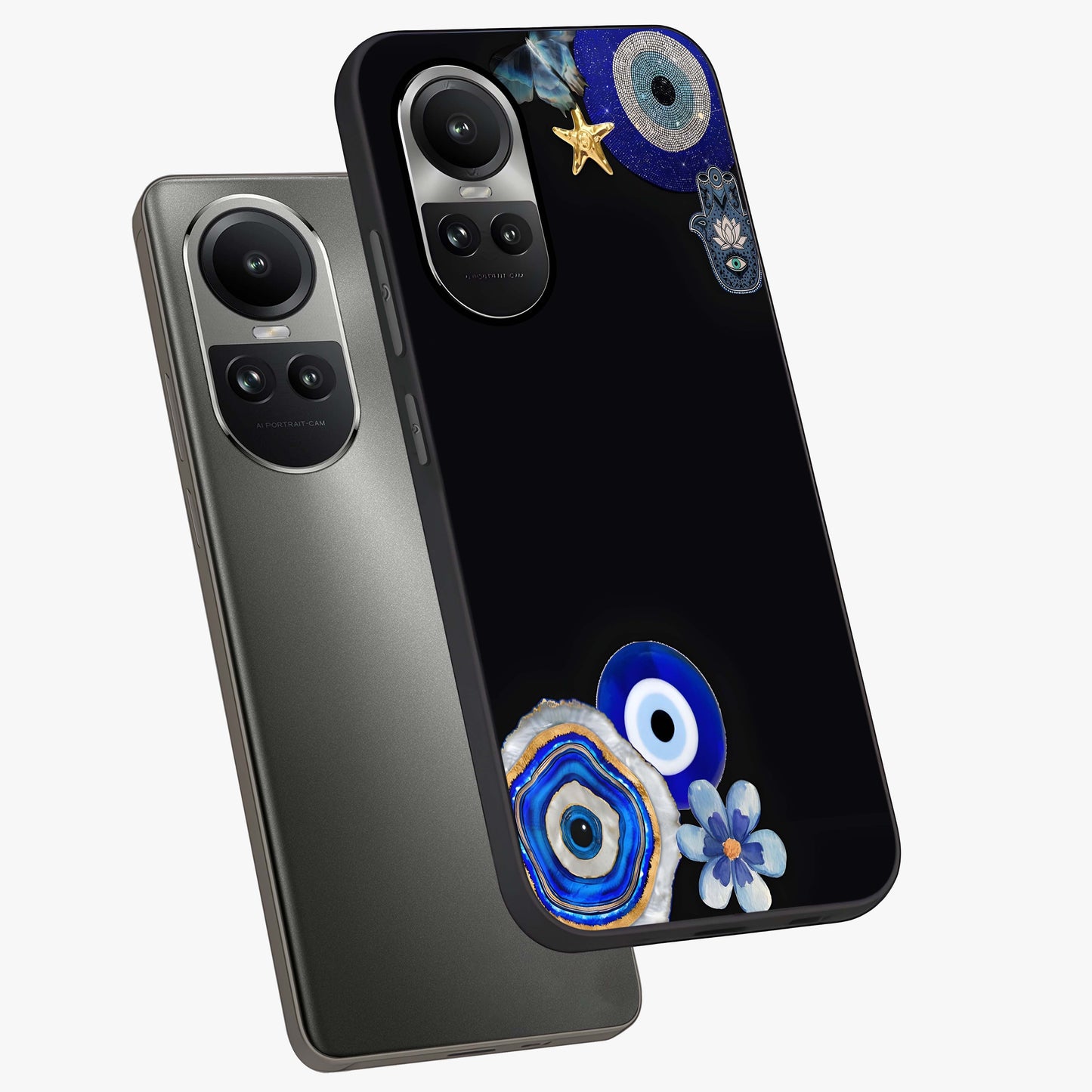 Aesthetic Blue Evil Eye Glass Case displayed in angled mockup highlighting blue evil eye symbol and spiritual aesthetic design.