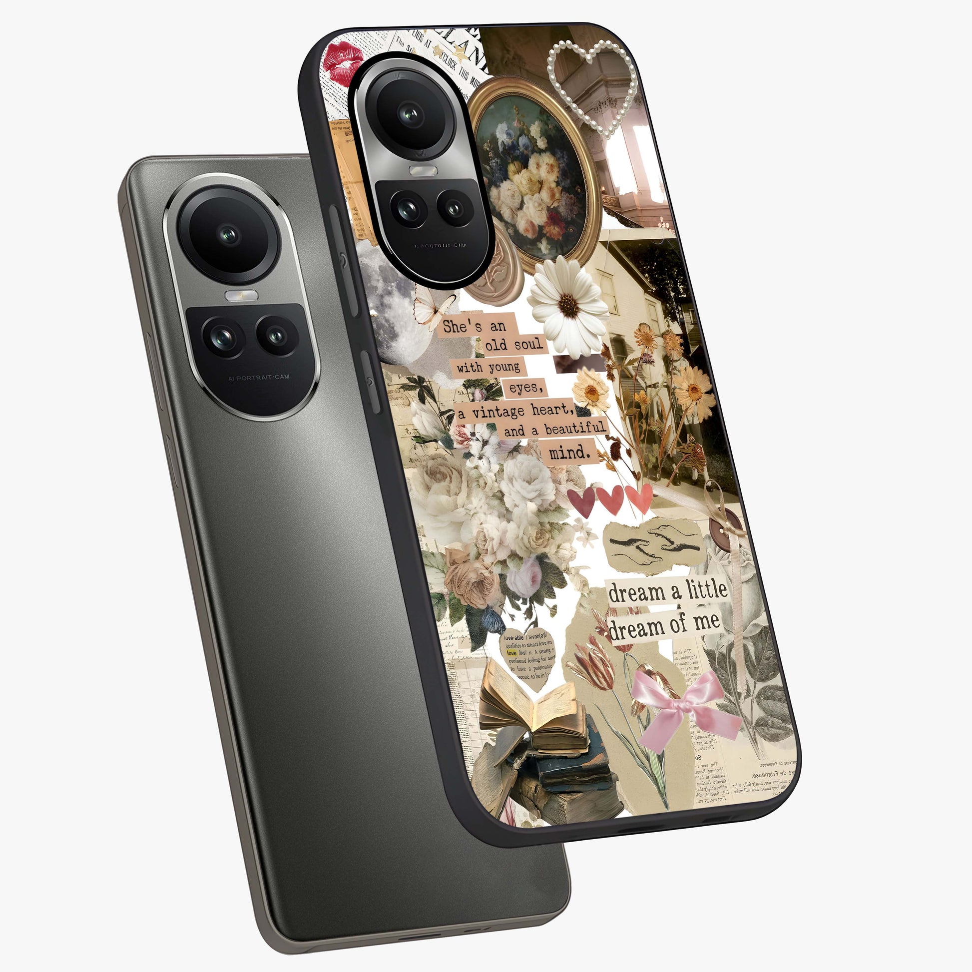 Aesthetic Brown Vintage Collage Glass Case displayed in angled mockup highlighting vintage aesthetic collage design.