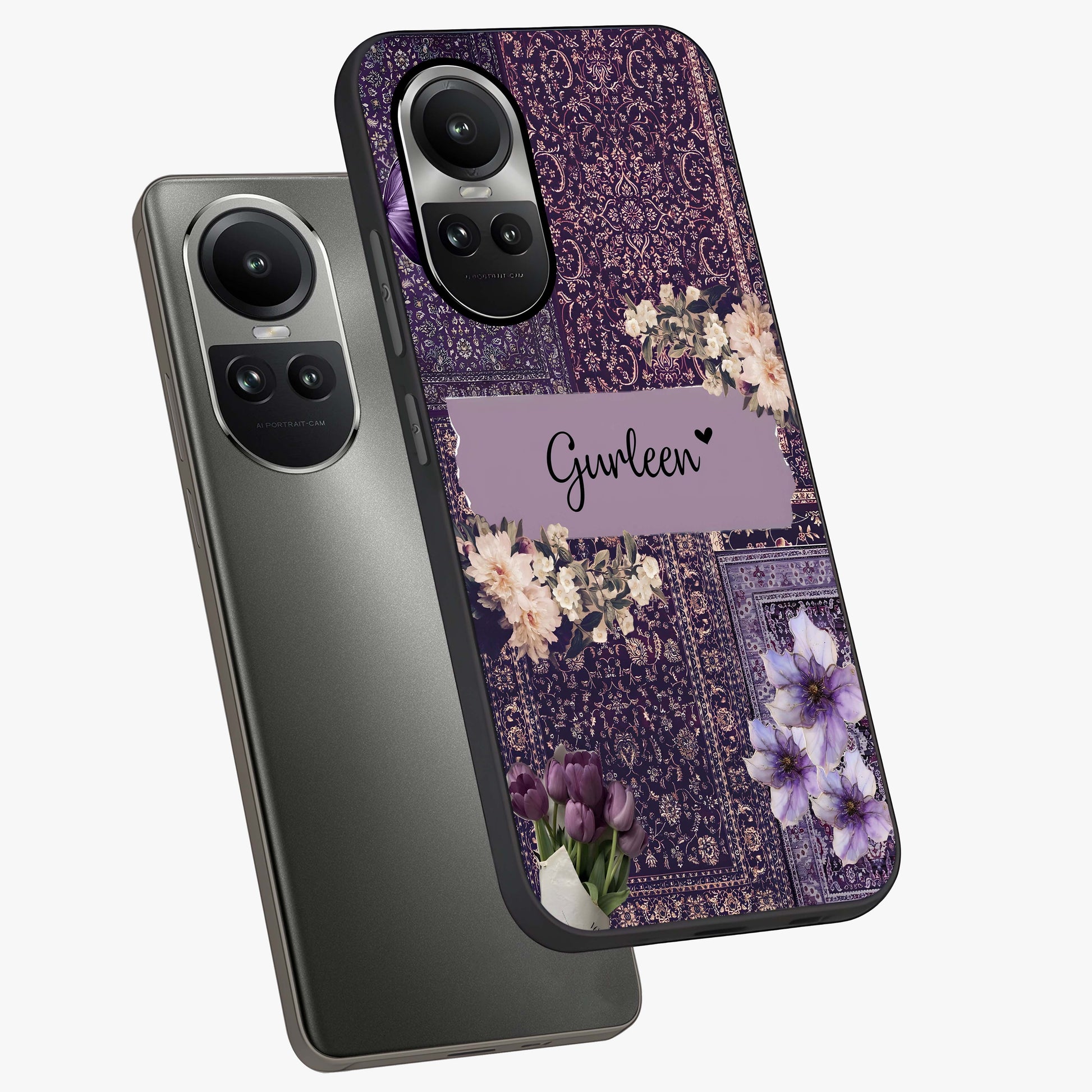 Antique Floral Whisper Custom Name Glass Case displayed in angled mockup highlighting elegant antique floral aesthetic.